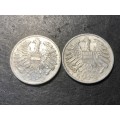 Set of 2 Austrian 1 Schilling aluminium coins - 1946 and 1947