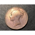 Scarce 1853 British full penny (1d) copper coin