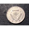 SILVER 1949 King George VI South African 3 pence (Tickey) coin