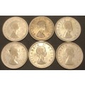 Lot of 6 SA Union 2 ½ shillings (half crown) silver coins dating from 1953 to 1958