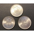 Lot of 3 Brilliant AU+/UNC RSA 1st Decimal Silver 20 cent coins dating 1961,1962,1963.