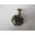 Sterling Silver , Garnets  and Marcasite Pendant