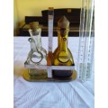 Stunning glass cruet set - vinegar and oil bottles in silver tone holder