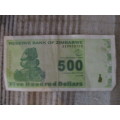 ZIMBABWE FIVE HUNDRED BANK NOTE - AA 0053705