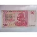 LOVELY ZIMBABWE 20 DOLLAR BANK NOTE AB 7950068 2007
