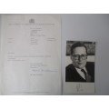 PRINTED AUTOGRAPH  - DUTCH MINISTER DR. W. J. DEETMAN AND LETTER