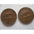 SOUTH AFRICA  TWO 2c COINS - JAN VAN RIEBEEK  ENG. 1965 - AFRIKAANS - 1966