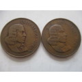 SOUTH AFRICA - JAN VAN RIEBEEK - 2c  1965 afrikaans - 2c coin 1965 english -2 COINS