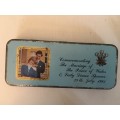 VINTAGE TIN  COMMEMORATING MARRIAGE OF PRINCE CHARLES  AND PRINCESS DIANE 1981