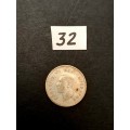 ** 1945 South Africa Silver 3 Pence Coin #32  (F/VF).**