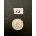 ** 1945 South Africa Silver 3 Pence Coin #32  (F/VF).**