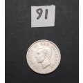 ** 1945 South Africa Silver 3 Pence Coin #91   (VF).**