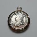 ** STUNNING:  1890s Victorian .925 Silver 6 Pence Pendant w/ 18k Gold Plated Mount (11.28 g).**