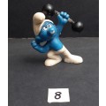 ** RARE :  1972  ` Barbell Smurf` Figurine No Shirt by Peyo #8  (Schleich, W. Germany)  [5cm]  **  