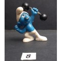 ** RARE :  1972  ` Barbell Smurf` Figurine No Shirt by Peyo #8  (Schleich, W. Germany)  [5cm]  **  