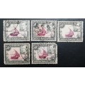 ** 1938 Uganda, Kenya & Tanganyika KGVI 50c Stamps x 5 (USED).**