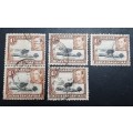 ** 1938 Uganda, Kenya & Tanganyika KGVI 1 Shilling Stamps x5 (USED).**