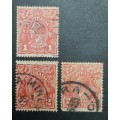 ** 1914 Australia KGV Scarlet 1 Penny & 2d Stamps x3 (USED).**
