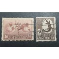 ** 1934 / 1948 Australia 1`6 + 2 Shillings Aboriginal Art Stamps x2 (USED).**