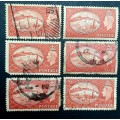 ** 1951 Great Britain KGVI 5 Shilling Stamps x 6 (USED).**