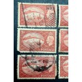 ** 1951 Great Britain KGVI 5 Shilling Stamps x 6 (USED).**