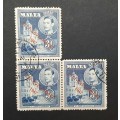 ** 1947 Malta KGVI St. Johns Cathedral 3d Blue Stamps x3 (USED).**
