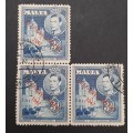 ** 1947 Malta KGVI St. Johns Cathedral 3d Blue Stamps x3 (USED).**