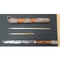 ** 19th Century Chinese Manchu Trousse Knife Set w/ Turquoise & Jasper Stone Inlay (27cm).**