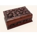 ** ORNATE: 19th Century Ceylonese Hardwood Secret Lock Jewellery Box (17cm x 12cm).**