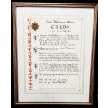 ** 1981 South African Police (S.A.P) Embellished Credo in Afrikaans Framed (0.65 m x 0.5 m).**