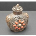 ** STUNNING: Early 20th Century Chinese Cast Brass Snuff Bottle w/ Precious Coral Inlay(8cmx6cm).**