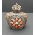 ** STUNNING: Early 20th Century Chinese Cast Brass Snuff Bottle w/ Precious Coral Inlay(8cmx6cm).**