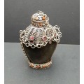 **STUNNING: Late 19th Century Sino-Tibetan Gemstone Inlaid .800 Silver & Horn Snuff Bottle **