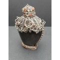 **STUNNING: Late 19th Century Sino-Tibetan Gemstone Inlaid .800 Silver & Horn Snuff Bottle **