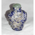 ** STUNNING- Chinese Carved Blue Corundum Semi-Precious Stone Snuff Bottle w/ Spoon (8cm).**