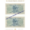1962 S. A. Bank Note : TWO RAND/TWEE RAND : G. RISSIK : CONSECUTIVE NUMBERS 133-134.