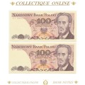 1986 : Poland  : 100 Zlotych : ALMOST UNC / CONSEC. NUMBERS : DATE:  1 JUN 1986 / 866-867