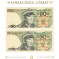 1988 : Poland  : 50 Zlotych : ALMOST UNC / CONSEC. NUMBERS (692-693) : DATE:  1 DECEMBER 1988.
