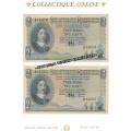 1961 : S.A. BANK NOTE : TWEE RAND/TWO RAND : M H de KOCK : CONSECUTIVE NUMBERS 304-305. AUNC.
