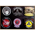 6 MOTORBOKE BADGES WITHOUT  THEIR PIN-BACKS, ONE BID TAKE ALL. (2).As per Photo.