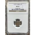 1929 UNION SA 3 PENCE - MS63 - NGC HIGH GRADE - BOOK VALUE 5000 IN LOW MS
