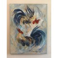 BARBARA PLONER LARGE boarded OIL PAINTING `FIGHTING COCKERELS IN MID-AIR` CHICKEN FOWLS STUNNING!!