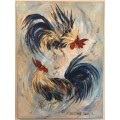 BARBARA PLONER LARGE boarded OIL PAINTING `FIGHTING COCKERELS IN MID-AIR` CHICKEN FOWLS STUNNING!!