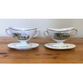 GRAVY BOATS x 2 attached SAUCERS NO NAME FARMHOUSE and FARMER with DOG HERDBOY CATTLE COWS DAIRY.