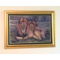 OIL PAINTING LIONS 2 MALES SOUTH AFRICAN ARTIST ENID DUTTON LARGE FRAMED BIG FIVE!!!