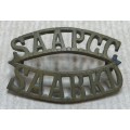 SADF BADGE SOUTH AFRICA ADMINISTRATIVE PAY and CLERICAL CORPS SHOULDER TITLE BRASS English Afrikaans