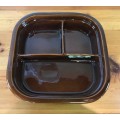 OVEN DISH TRAY SQUARE BROWN with 3 COMPARTMENTS SERVE 3 different VEGETABLES/MEATS MADE in the USA.