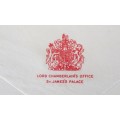 LORD CHAMBERLAIN`S OFFICE ST. JAMES PALACE LONDON to NORFOLK 2 JUNE 1958 EMBOSSED BLACK CROWN ARMS.