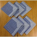 SERVIETTES x 6 + MATCHING TABLE CLOTH MATERIAL CLOTH LINEN BLUE and WHITE SQUARES EDGED STUNNING!!!!