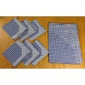 SERVIETTES x 6 + MATCHING TABLE CLOTH MATERIAL CLOTH LINEN BLUE and WHITE SQUARES EDGED STUNNING!!!!